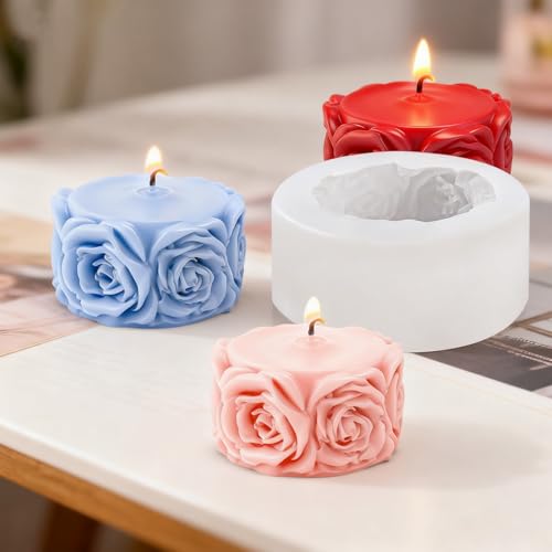 Rose Flower Column Candle Molds Flower Shape Silicone Candle Molds Cylinder Resin Casting Mold Silicone Flowers Rose Mold for Candles Making DIY Polymer Clay Craft Plaste Valentine Mother Day