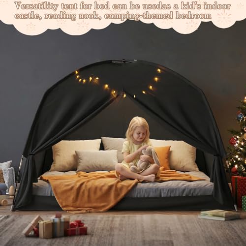 Bed Tents for Kids and Adult, Portable 100% Breathable and 93% Blackout Toddler Dream Play Tent, 3 Doors Big Privacy Space Sleeping Canopy for Floor or Twin Full Queen Sizes Bed (Black, Twin-Size)