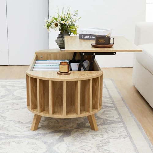 Janmer Home 47.3" Lift Top Coffee Table with Hidden Storage, Small End Table with Curved Edge Design, Oval Center Table with Lift Tabletop for Living Room, Office (Natural) Janmer Home