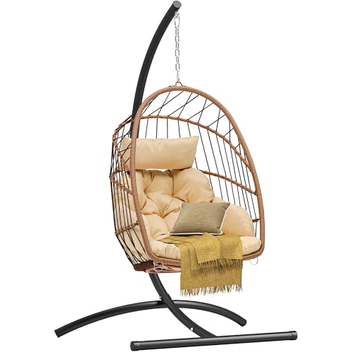 DWVO Egg Chair with Stand, Hanging Outdoor Rattan Wicker Patio Hammock Indoor Egg Chair with Cushion, Hanging Swing Chair 300lbs for Porch, Garden, Bedroom, Balcony, Beige DWVO