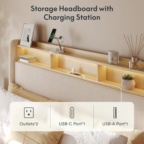 FLEXISPOT 51” King Bed Frame with LED Lights, Charging Station & Storage Shelf, Elegant Corduroy Upholstered Platform Bed with Tall Wingback Headboard, No Box Spring Needed, Beige FLEXISPOT