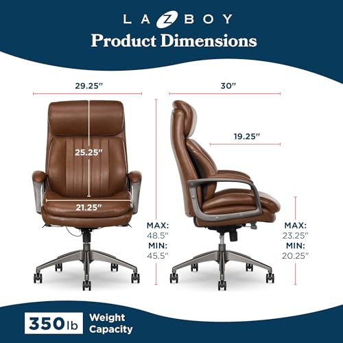 La-Z-Boy Nova Executive Office Chair, Patented AIR Ergonomic Support Technology, High-Back Premium Comfort & Support, Cognac Brown Vegan PU Leather La-Z-Boy