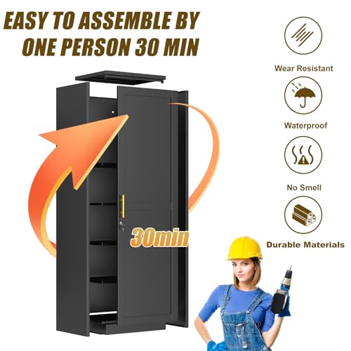 risuoge Metal Locker Cabinet, 19.7’’W Narrow Lockable Single Bathroom Storage Cabinet, File Cabinet with Lock and Adjustable Shelves for Living Room, Home Office, Kitchen, Black risuoge