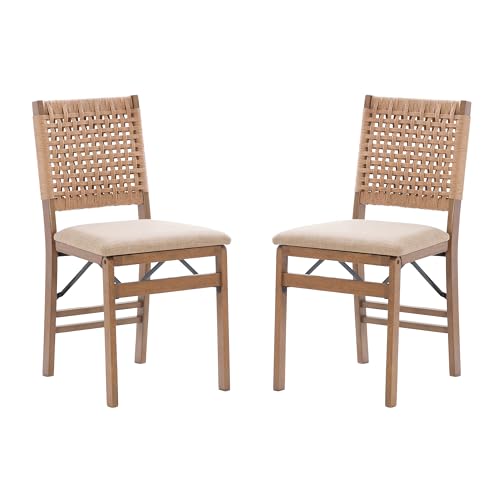 Linon Bennett Natural Folding Chair with Woven Rope Back and Linen Upholstered Seat Set of 2 Linon