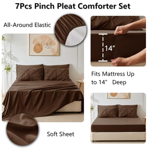 CozyLux Full Size Comforter Sets Brown, 7 Pieces Pintuck Bed in A Bag Brown Comforter Full Size, Pinch Pleat Bedding Sets with All Season Comforter, Sheets, Pillowcases & Shams