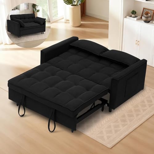 3 In 1 Corduroy Convertible Sofa Bed,Pull Out Couch Bed with Reclining Backrest And 2 Pillows, 54" Full Size Loveseat Sleeper Sofa Futon Couch Bed, Couches For Small Spaces, Living Room (Black โ ) Xinmviec