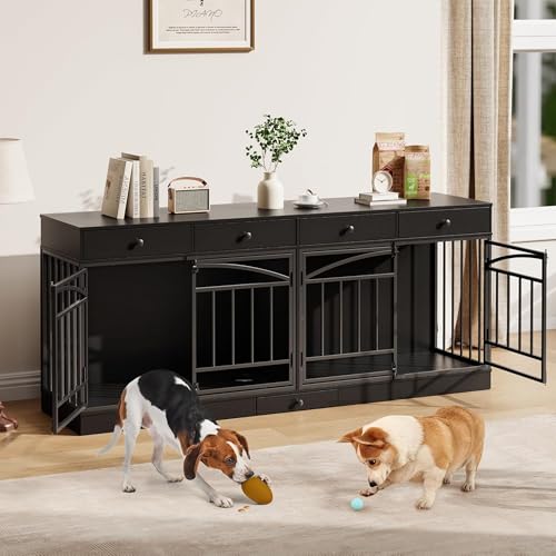 GAOMON Dog Crate Furniture for 2 Dogs, 78.7'' Large Dog Kennel Indoor with 4 Storage Drawers and Feeding Bowls, Double Dog Crate TV Stand for Small and Medium Dogs, Black GAOMON
