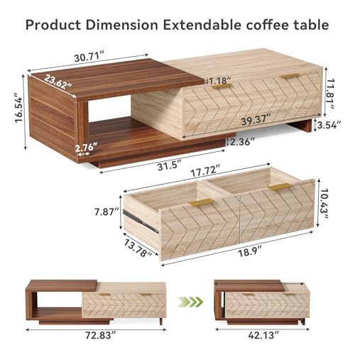 LITTLE TREE Expandable Wooden Coffee Table with 2 Drawers, Space-Saving Rectangular Farmhouse Center Table, Perfect for Living Room and Office, Brown and Beige LITTLE TREE