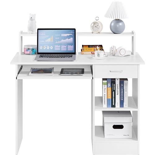 Yaheetech Desk with Keyboard Tray, Home Office Computer Desk Wooden PC Laptop Desk, Morden Sturdy Study Writing Table, White Yaheetech