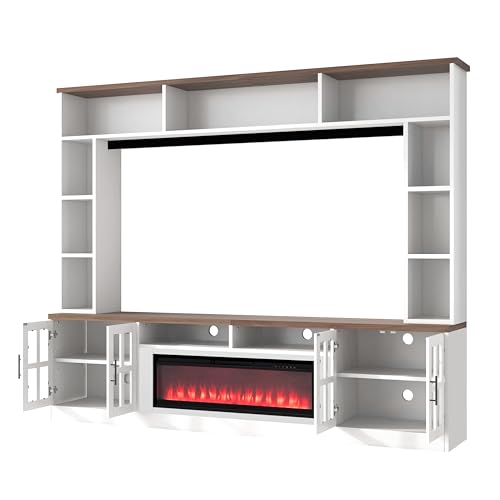 Hlcodca 95.5" W Wall Unit Entertainment Center with Bookshelves for TVs up to 80", Modern TV Stand Media Console with Electric Fireplace Cabinets, Adjustable Shelves for Living Room (White+Walnut/F) Hlcodca