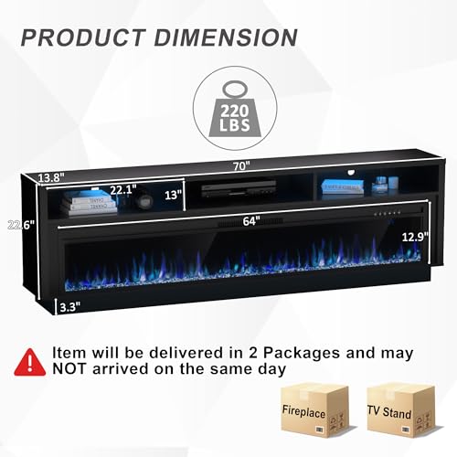 AHB 70" Fireplace TV Stand with 64" Electric Fireplace, LED Light Entertainment Center with Fireplace and Storage Cabinet, Media Console Table for TVs Up to 80 Inches, Ideal for Living Room, Black AHB