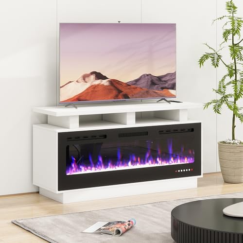 Fireplace TV Stand with 50" Smart Electric Fireplace, Solid Wood Fire Place with Mantel, Modern Fireplace Cabinet with Socket for Living Room Farmhouse Entertainment Center White, (50 inch, WiFi) ROCSUMOO