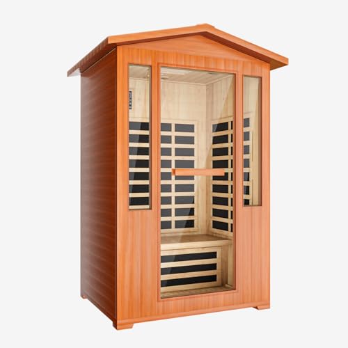 Far Infrared Sauna, 2 Person Outdoor Sauna Red Cedar Wood, 2080W Low EMF 110V with 8 Heaters, Chromotherapy Lights, Oxygen Bar, Control Panel & Beauty Light for Yard, Deck, Pool, 48.8 * 38.2 * 81.9 In LINKHOO