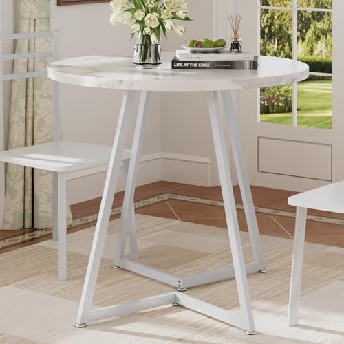 VECELO Round Dining Room Table with Wood Grain Tabletop and Steel Frame, for Kitchen, Living Room, Office, Conference, 2 to 4 Person, Fuax Marbled & White VECELO