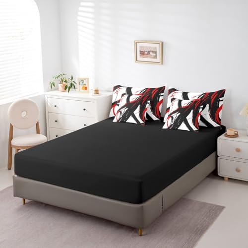 Feelyou Abstract Art 7 Piece Bedding Set Queen Size Kids Red Black Modern Geometric Print Bed in a Bag for Boys Girls Teens Minimalist Ink Line Comforter Set with Sheets Soft Microfiber Feelyou