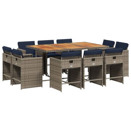 vidaXL Patio Dining Set with Cushions - 11 Piece Poly Rattan Outdoor Garden Furniture in Gray with Acacia Wood Tabletop and Navy Blue Cushions - Foldable Chairs for Compact Storage vidaXL