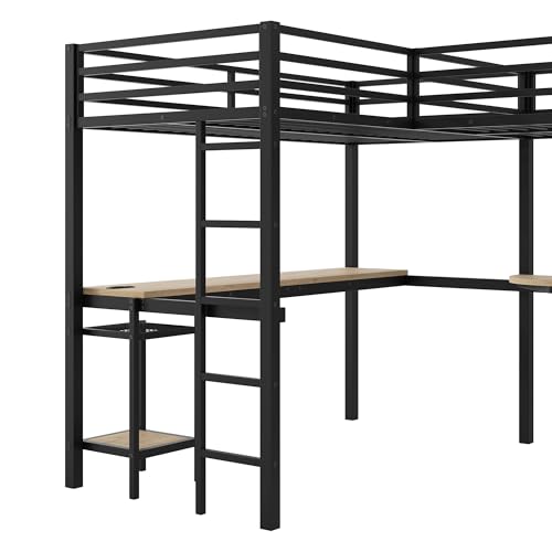 LUMISOL Twin Size Double Loft Bed with LED and Storage Shelves, Metal L-Shaped Loft Bed with 2 Built-in Desks and 2 Charging Stations, Black LUMISOL