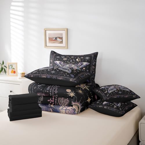 Erosebridal Black Boho Moth Comforter Set Full with Sheets,Sun Moon and Stars Bedding Set 7 Piece Gothic Bedroom Decor,Trippy Butterfly Bed in a Bag with Fitted Sheet,Flat Sheet,Pillowcases & Shams Erosebridal