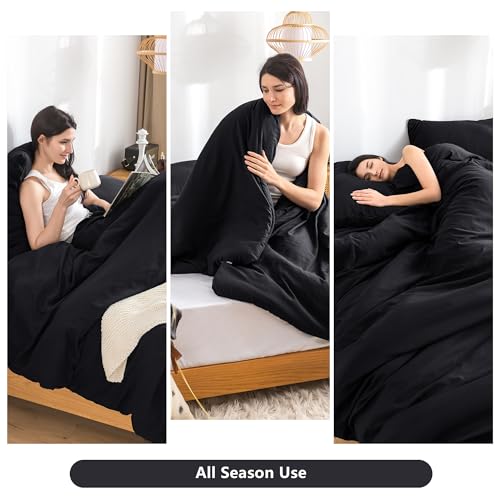 Ultra-Soft Black Twin Comforter Set, Washed Cotton 2 Piece Fluffy Lightweight Down Alternative Bedding Comforter for All Seasons - 1 Conforter and 1 Pillowcase - Twin/Twin XL Size Signal Dorm Kids Bed COTTEBED