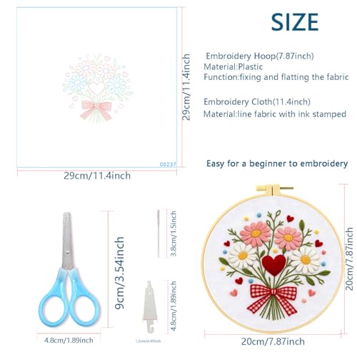 Zhenqing Love Heart Bouquet Embroidery Kit for Beginners, Pre-Printed 29x29cm Cotton Fabric with 20cm Hoop, Sweet Floral Design with Bow and Daisies (C0237)