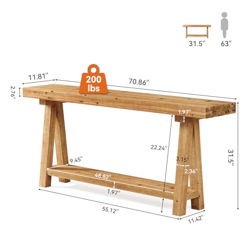 TRIBEWOOD 70.9-Inch Solid Wood Console Table for Entryway, Farmhouse Long Sofa Table with Shelves for Living Room, Hallway, Foyer, Easy Assembly TRIBEWOOD