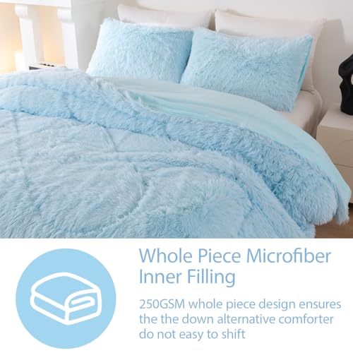 BYHOFMLY Light Blue Queen Size Comforter Sets Faux Fur Fluffy Girls Bedding Sets Plush Shaggy Velvet Furry Comforter 3Pcs Warm Fuzzy Teen Girl Bed Set (Light Blue, Full/Queen) BYHOFMLY