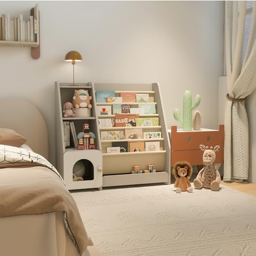 Montessori-Inspired 5-Tier Sling Bookshelf and Toy Storage for Kids - Grey Wooden Display Rack Generic