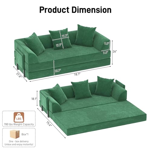 XVD 79" Boneless Sleeper Sofa Bed, Convertible Futon Couch with Pillows and Storage Pocket, Pull Out Compressed Sofa for Living Guest Room Bedroom, Green XVD