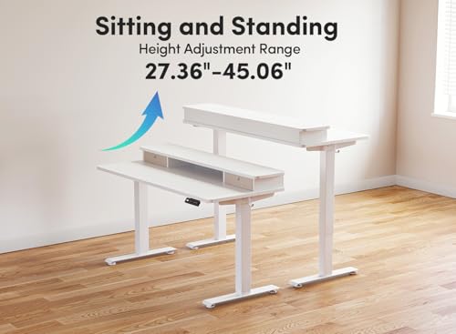 CubiCubi 55 x 24 Inch Electric Height Adjustable Standing Desk with Double Drawers, 4 Adjustable Feet & 2 Hooks, Home Office Computer Workstation, White CubiCubi
