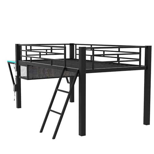 Bellemave Twin Loft Bed with Desk, Gaming mid loft Bed with Desk, LED, Storage Space, Black Bellemave