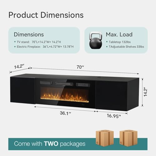 OneBlis 70'' Floating TV Stand with 36" Electric Fireplace, Wall Mounted Entertainment Center with Storage for TVs up to 80", Adjustable 12-Color LED Media TV Console for Living Room,All Black OneBlis