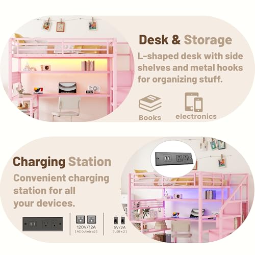 OYUMOENTS Full Size Loft Bed with Desk and Stairs, Metal Loft Bed with LED Light & Charge Station, Heavy-Duty Beds with Wardrobe & Storage Shelves, No Spring Box Required, No squeaks, Pink OYUMOENTS