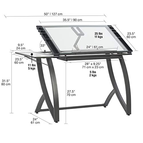 SD STUDIO DESIGNS Futura Luxe Drawing, Drafting, Craft Table with Drawer, 35" Wide Angle Adjustable Top and Side Shelf, Pewter Grey/Clear Glass SD STUDIO DESIGNS
