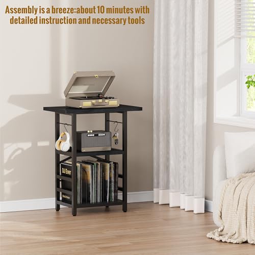 YAKANJ Record Player Stand with Extended Desktop,Large Record Player Table with Vinyl Storage,Turntable Stand with Record Holder Vinyls Display Shelf for Music Room Studio,Modern Black YAKANJ