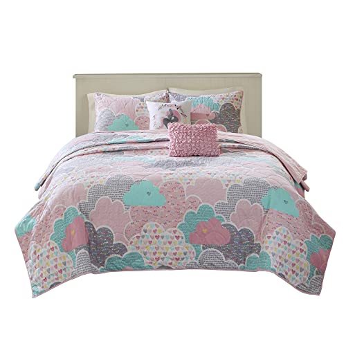 Intelligent Design Kids Reversible Cotton Quilt Set - Vibrant Fun, Playful Print, All Season Children Bedding Coverlet Bedspread, Decorative Pillow, Bedroom Décor, Full/Queen, Cloud Pink 5 Piece Intelligent Design