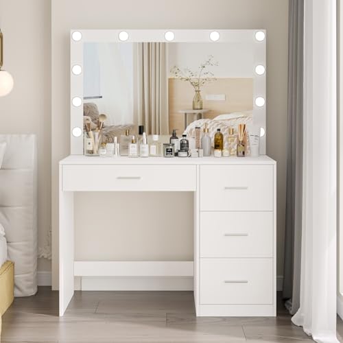 Irontar Makeup Vanity Table, Makeup Table with Large Mirror and 11 LED Lights, Brightness Adjustable, Dressing Table Desk with 4 Drawers, Vanity Desk for Girls, Women, White WDT002W Irontar