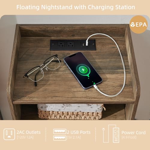 BuildHom Modern Fluted Floating Nightstand Wall Mounted Set of 2- Bedside Table with Storage Drawer & Display Shelf, Minimalist Bedroom Furniture for Studio Apartments(Rustic Brown) BuildHom