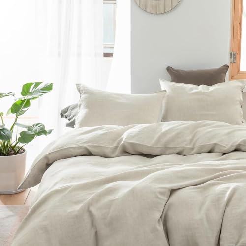 Simple&Opulence 100% Linen Duvet Cover Set, 3 Pieces Belgian Flax Breathable Bedding, 1 Comforter Cover+2 Pillowshams with Coconut Button Closure(Queen,Linen) Simple&Opulence