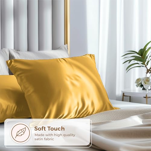 Pure Bedding Satin Pillowcase 2 Pack - King Size (20"x40", Gold) - Silky Pillow Cases for Hair and Skin - Satin Pillow Covers with Envelope Closure - Extra Soft Premium Microfiber Pure Bedding
