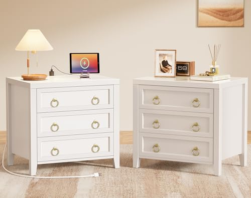 Huuger Paint Night Stand with Charger Station and USB-C Port, 3 Drawer Nightstands Set of 2, Larger Wider Bedside Table, Modern End Table, for Bedroom, White Nightstand Huuger