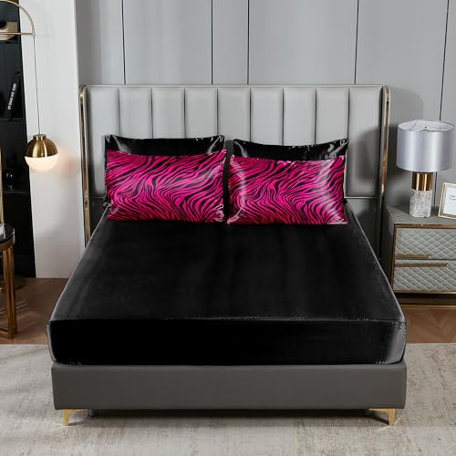 Zebra Print Bedding Set Hot Pink Satin Comforter with Sheets Zebra Stripe Animal Print Africa Wildlife Theme Silk Like Silky Bed in A Bag Black Pink Comforter Sets Bedorm