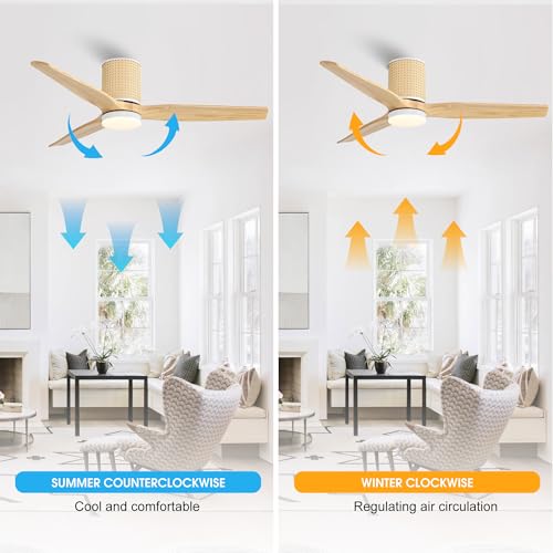 LEDLUX 52" Ceiling Fan with Light and Remote, Low Profile Flush Mount Fan, Solid Wood Blades, Rattan Retro Style, Noiseless Reversible DC Motor, for Bedroom/Living Room/Porch (White/Wood Color) LEDLUX