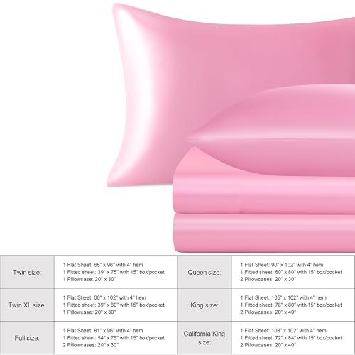 NTBAY Silk Satin King Sheet Set, 4-Piece Luxury and Soft Bedding Set Cooling Silky Sheets for Hair and Skin, Includes 2 Pillowcases, 1 Flat Sheet, 1 Fitted Sheet with Deep Pocket, Pink NTBAY