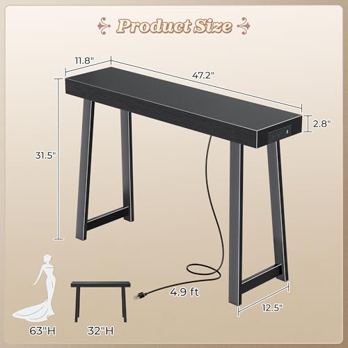 Huuger Entryway Console Table with Charging Station, USB-C Port, 47.2 Inch Sofa Table with Metal Legs, Entry Hallway Table with Thicker Desktop, Modern Behind Couch Table, Black Huuger