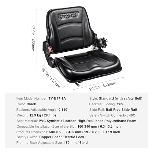 VEVOR Universal Forklift Seat, Fold Down Tractor Seat with Adjustable Angle Back, Micro Switch and Retractable Seatbelt, 6.3-13.4 inch Slot Forklift Seat for Tractor Loader Excavator VEVOR