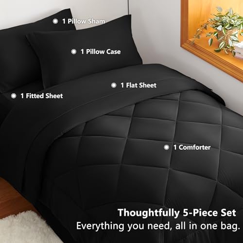 CozyLux Twin Comforter Set with Sheets Black - 5 Pieces Bed in a Bag Twin, All Season Bed Set for Girls and Boys, Bedding Set with Down Alternative Comforter, Sheets, Pillowcase & Sham CozyLux