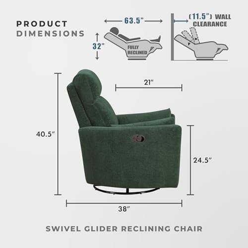 Lexicon Modern Swivel Glider Recliner Chair - Quiet 360 Swivel Chair, Durable Microfiber Upholstered, 2 Pillows, Manual Reclining for Living Room, Small Spaces, Nursery, Apartment, Bedroom, Green