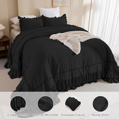 QSH Oversized King Comforter 128x120,3PCs Black Farmhouse Lightweight Ruffled Bedding Comforter Set Shabby Boho Chic California King Bed Comforter Set French Country Soft Microfiber Fluffy Bed Set QSH