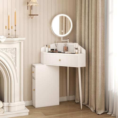 ARTETHYS Corner Vanity Desk with Retractable and Rotating Mirror and Lights Small Modern White Makeup Vanity Set with Glass Top for Women Compact Girls Dressing Table with Drawer for Small Space ARTETHYS