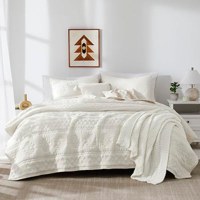 WDCOZY Boho Ivory Twin Quit Size Bedding Sets with 1 Pillow Sham, Cream White Farmhouse Lightweight Soft Bedspread Coverlet for All Season, 2 Pieces, 68x90 inches